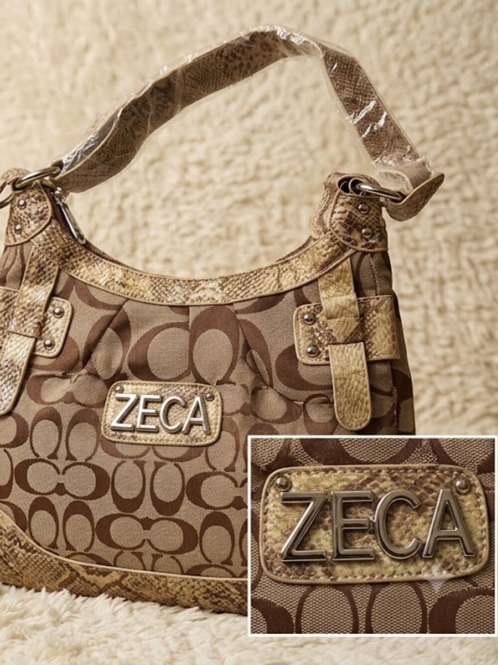 ZECA Italy Design Hobo Shoulder Bag with Matching Pouch - Brown/Snakeskin Trim